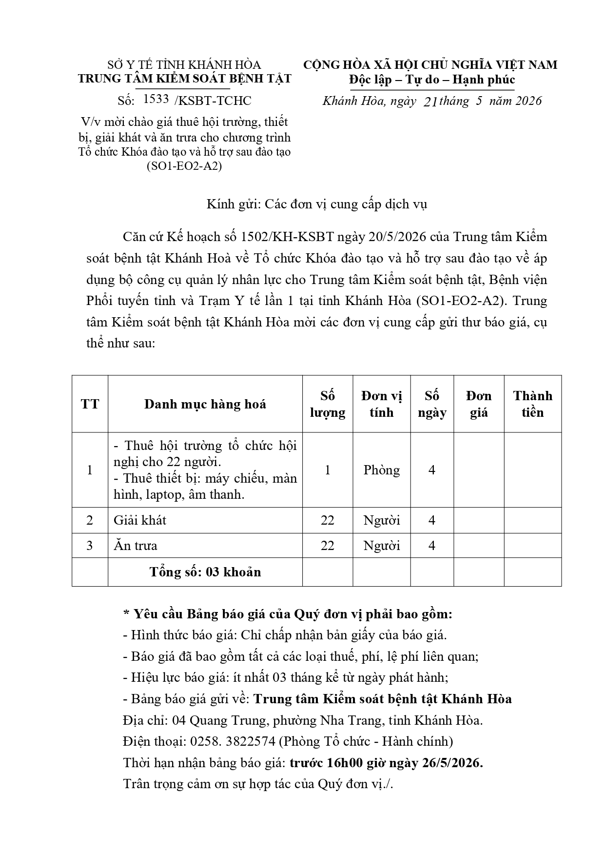 V/v mời chào giá thuê hội trường, thiết bị, giải khát và ăn trưa cho chương trình Tổ chức Khóa đào tạo và hỗ trợ sau đào tạo (SO1-EO2-A2)